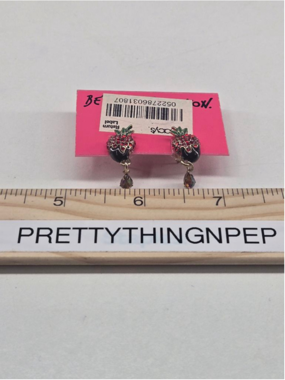 NWT Betsey Johnson Earrings Chocolate Dipped Strawberry Post Dangle Red Crystal - Picture 5 of 8